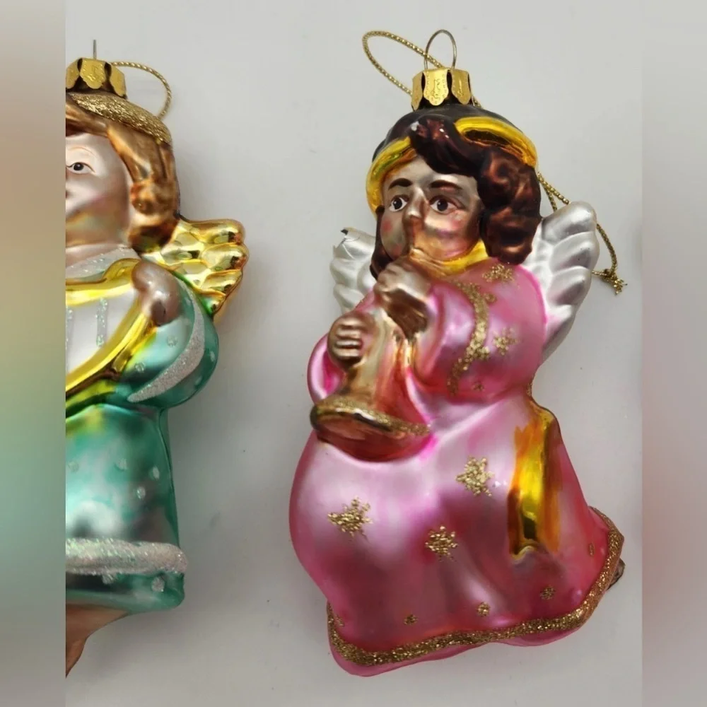 Set of 2 Vintage Blown Glass Ornaments Glitter Angel Radko Style Christmas Decor